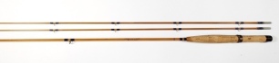 A good Pezon et Michel "Super Parabolic PPP Mirage Type Riccardi" 2 piece (2 tips) cane brook trout fly rod, 6'6", #4, green/scarlet tipped wraps, sliding anodised reel fitting, staggered ferrule, suction joints, only light use, in bag and alloy tube