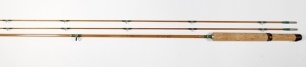 A good Pezon et Michel "Super Parabolic PPP Fario Sport" 2 piece (2 tips) cane brook trout fly rod, 7'2". #3/4, green/scarlet tipped wraps, sliding anodised reel fitting, staggered ferrule, suction joints, only light use, in bag and alloy tube