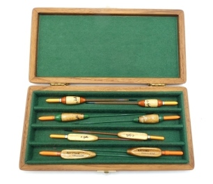 A boxed set of eight Chris Lythe artisan handmade floats, including four Scotton Trotter fluted Avon style and four round bodied Avon floats, all ink signed, in baize lined teak case 98)