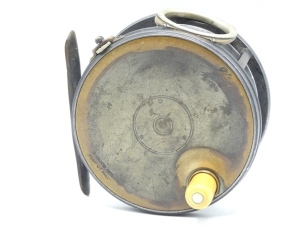 A good Hardy Brass Faced Perfect 4 ½" salmon fly reel, domed ivorine handle, brass foot, nickel silver line guide, strapped rim tension screw with Turk's head locking nut and 1906 calliper spring check mechanism, drum with four rim cusps and milled nickel