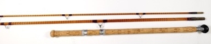 A B. James "Kennet Perfection" 2 piece cane float rod, 11'6", crimson silk inter-whippings, detachable cork "donut" handle with sliding alloy reel fittings, stand-off rings, suction joints, England transfer label, in bag