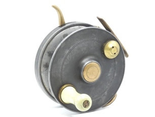 A rare J. Bernard & Son 6" alloy big game sea centre pin reel, Heaton made model, solid drum with large baluster xylonite handle, milled brass circular counter-balance and domed brass spindle cap, heavy brass stancheon foot, stamped "Bernards", rim mounte