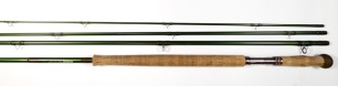 A Sage "TCX" 4 piece carbon salmon fly rod, 14', #9, green silk wraps, alloy screw grip reel fitting, light use only, in bag and alloy tube