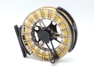 A JMC Galaxy 46 multiplier trout fly reel, black/bronze anodised finish, skeletal drum with crank wind composition handle, light use only, in neoprene pouch and card box and a Sage "FLi 490-4" 4 piece carbon trout fly rod, 9', #4, screw grip reel fitting