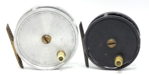 An un-named Hardy No.2 Trade 3 ¼" trout fly reel, "spitfire" alloy finish, xylonite handle, ribbed brass foot, fixed Mk.II check mechanism and a similar un-named No.1 Trade 2 ¾" trout fly reel, black wartime painted finish and Mk.I check mechanism, both 