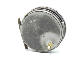 A Hardy Perfect 3 3/8" trout fly reel, xylonite handle, brass foot, milled rim tension screw and early Mk.II check mechanism, faceplate engraved previous owner's initials, wear from normal use, circa 1917