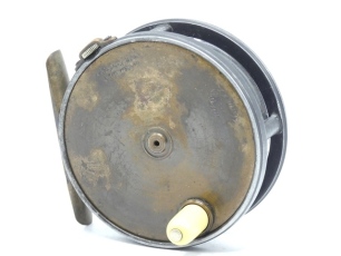 A good Hardy Brass Faced Perfect 3 3/8" trout fly reel, domed ivorine handle, brass foot, strapped rim tension screw and early calliper spring check mechanism, contracted drum with four rim cusps and milled nickel silver locking screw, faceplate stamped 