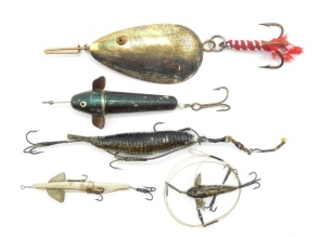 An early 19thÎntury silk/tinsel bound 3 ½" bait, the fish shaped lure with white metal tail fin, three gimp mounted double/treble hooks and box head swivel, Victorian 2 ½" mother o'pearl bait, flat fish shaped body with twin head vanes and three wire mou