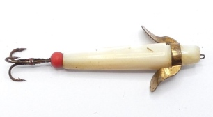 A scarce Hardy Mother o' Pearl 2" minnow bait, tapered hollow body with gilt metal collared twin spinning vanes, both stamped makers details, circa 1930 (see illustration)