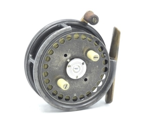 A Hardy Silex No.2 3 ¼" bait casting reel, slotted core shallow drum with twin ivorine handles and three screw spring latch, brass foot, cut-away rim section, rim mounted Indian rubber casting trigger and milled brass tension screw, light wear from norma