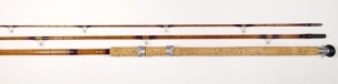 A rare Bob Southwell "Avocet" 3 piece whole and built cane float rod, 11'3", crimson silk inter-whipped, alloy sliding reel fittings, straight cork handle, agate lined butt and tip rings, stand-off eyes, suction brass ferrules, oval transfer label, fully 