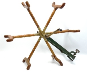 A rare Hardy New Pattern Improved 1897 line drier, rarely seen larger salmon model, the heavy green painted iron "U" shaped support with turned brass spindle supporting six large oak winding arms, each with numbered brass threaded collar, straight waisted