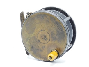 A Hardy Brass Faced Perfect 4" salmon fly reel, domed ivorine handle, brass foot, strapped rim tension screw with Turk's head locking nut and 1906 calliper spring check mechanism, slightly dished drum with four rim cusps and milled nickel silver locking 