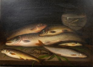 19th Century English School: Still life study of mixed bag, Trout, Grayling, Seatrout et al before a fish bowl of minnows, unsigned, oil on canvas, gilt slip ebonised frame, 14" x 19 ¼"