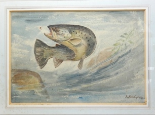 Roy Beddington: Brown Trout taking a fly, pair of watercolour studies, signed, in mounts, framed and glazed, Henry Wilkinson: Figure fishing, ltd. ed. col. etching 6/150 and three further angling related framed and glazed prints (6)