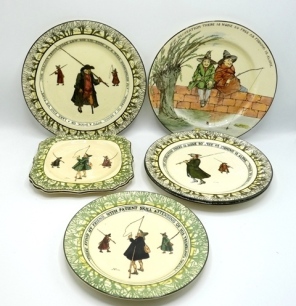 A Royal Doulton Gallant Fisher's plate polychrome decorated with two 17th Century gentleman anglers seated on a wall, with border verse "Of recreation there is None so Free as Fishing is Alone", 10 ½" diameter, a Royal Doulton Izaac Waltonware plate of si