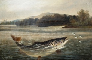 A. Roland-Knight: Trout chasing Minnows, oil on canvas, signed, in glazed gilt slip frame (gesso distressed), 15 ½" x 23 ½"