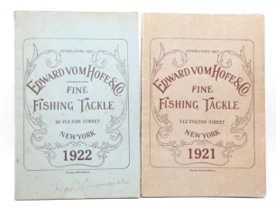 An Edward Vom Hofe 1921 Tackle Catalogue, 24th ed., grey soft covers, red printed details and 112 Fulton Street address, verso printed Tarpon, b/w illust. throughout text, 157pp, bound in Order Sheets to rear and a similar Edward Vom Hofe 1922 Tackle Cata