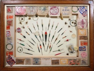 A framed tackle display of various terminal tackle including floats, cast packets, trout flies, line, shot et al, various makers including Allcock, Lee, Tortue et al, gilt slip oak frame, 24 ½" x 32 ½" overall