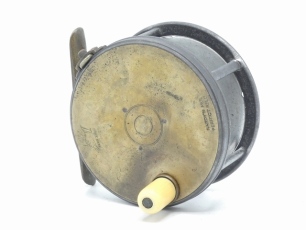 A Hardy Brass Faced Perfect 3 ¾" salmon fly reel and (later) block leather case, domed ivorine handle, brass foot, strapped rim tension screw with Turk's head locking nut and 1905 calliper spring check mechanism, slightly dished drum with four rim cusps 