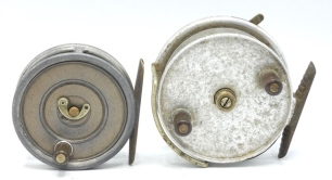 A Hardy Uniqua 2 7/8" trout fly reel, ebonite handle, brass foot, nickel silver horseshoe drum latch, fixed Mk.II check mechanism, line groove to one pillar, 1920's and a Hardy Longstone 3 ½" centre pin reel, twin ebonite handles, ribbed brass foot, Bick