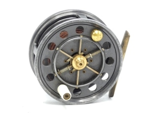 A rare Allcock Model Perfect 3" trout fly reel, based on the Aerial model with caged and six spoked drum, counter-balanced xylonite handle, ventilated front flange (ten holes), twin release/regulator forks, brass foot, rear sliding nickel silver optional