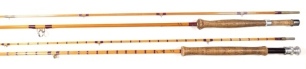 A Hardy "Halford Knockabout" 2 piece cane trout fly rod, 9'6", broad crimson inter-whippings, alloy screw grip reel fitting, reversible butt spear, studlock joint, 1`959, in bag and a B. James "Chew" 2 piece cane trout fly rod, 9'6", crimson wraps, slidin