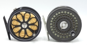 A Ross No.2 trout fly reel and spare spool, black anodised finish, block foot, rim mounted tension adjuster, reel in neoprene pouch and an Orvis CFO IV trout fly reel, ventilated drum and cage, rear tension adjuster (2)