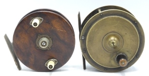 A Nottingham style 4" narrow drummed centre pin reel, walnut drum with twin turned bone handles and milled spindle tension nut, nickel silver strap back foot stamped "Ball Bearing Reel", circa 1900 and a brass 4 ¼" Hercules style salmon fly reel, horn ha