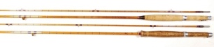 A Hardy "JJH Triumph" 2 piece cane trout fly rod, 8'9", crimson/scarlet tipped silk wraps, cane silk inter-whippings, sliding alloy reel fitting, suction joint, 1957 and a Hardy "CC de France" 2 piece cane trout fly rod, 9' (tip 2" short), 1936, restored 