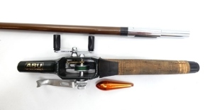 A rare Abu in-line tournament casting rod and reel, designed and built circa 1973 for Multiplier One Hand Distance 5/8oz Free Style competition tournament casting, linear reel with twin crank handles, exposed gearing, small magnesium spool and milled spi