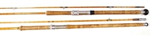 A Hardy "No.2 LRH Spinning" 2 piece cane salmon spinning rod, 9'6", green/crimson tipped silk wraps, green inter-whippings, sliding alloy screw grip reel fitting, studlock joint, 1958, in bag and a Farlow's 2 piece cane spinning rod, in bag (2)