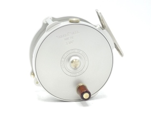 A Hardy Bouglé Mk. IV 3 ¾" salmon fly reel, rosewood handle, alloy foot, raised triple pillars (one nickel silver roller), rim tension screw and dual compensating check mechanism, ltd. ed. no. 228, unused condition, in neoprene pouch and card box