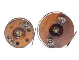 A Carter & Co. Future 5" Nottingham centre pin sea reel, brass backed mahogany drum with twin horn handles and butterfly wing tension nut, brass lined backplate with four circular ports and starback foot with sliding optional check button and an Allcock 6