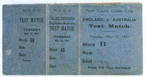 England v Australia 1921. Official complete admission ticket for the fourth day of the first Test match played at Trent Bridge, Nottingham on May 31st 1921. Good condition. A rare early ticket, seldom seen