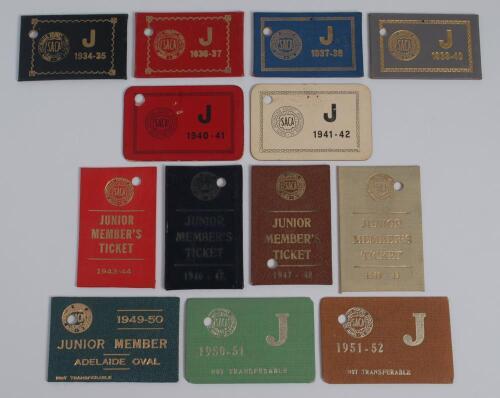 South Australia 1934-35 to 1951-52 seasons. Thirteen South Australia Junior members tickets for the Adelaide Oval Cricket Ground. The seasons being 1934-35, 1936-37, 1937-38, 1939-40, 1940-41, 1941-42, 1943-44, 1946-47, 1947-48, 1948-49, 1949-50, 1950-51 