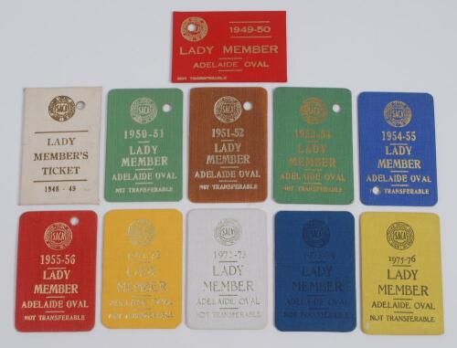 South Australia 1948-49 to 1975-76 seasons. Eleven South Australia Lady members tickets for the Adelaide Oval Cricket Ground. The seasons being 1948-49, 1949-50, 1950-51, 1951-52, 1953-54, 1954-55, 1955-56, 1971-72, 1972-73, 1973-74 and 1975-76. Good cond