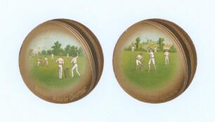 Victorian Christmas cards. Two delightful late Victorian circular colour lithograph Christmas cards, each in the form of a cricket ball with a cricket scene in a country setting to the centre. One depicts a batsman preparing to play a stroke, with title i