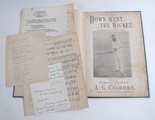 ‘The Taverners Song’. Original manuscript music score with libretto by Percy S. Robinson, sold with a typewritten sheet with the words to the music from Percy S. Robinson, Balham, London. Sold with ‘Down Went The Wicket!’. Humourous Cricket Song. Written 