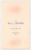 M.C.C. tour of Australia 1911/12. ‘The M.C.C. Dinner’. Small and beautifully ornate folding menu for the Dinner given for the M.C.C. touring party to Australia held on the 27th February 1912 at the Hotel Wentworth, Sydney. The menu, on cream card with pin
