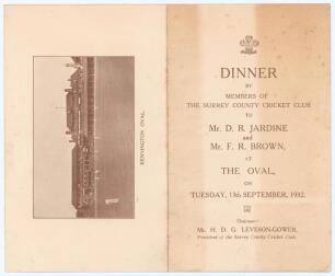 ‘Bodyline’. Surrey C.C.C. 1932. Official folding menu for the dinner given to D.R. Jardine and F.R. Brown, being the two Surrey players about to depart for the 1932/3 ‘Bodyline’ Ashes series in Australia. Held at The Oval, 13th September 1932. Some age to