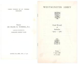 ‘Frank Worrell of Barbados 1924-1967’. Order of Thanksgiving for Worrell held at Westminster Abbey on 7th April 1967 with official ticket for admission to the Choir for the service. Also an Order of Service for the memorial service held for Worrell, ‘Some