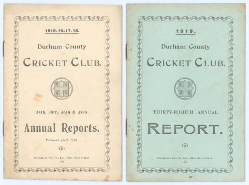 Durham C.C.C. 1915-1919. Two official Annual Report booklets, one covering the seasons 1915-1918 (34th- 37th years of issue), the other for 1919 (38th year). Both in original paper wrappers. Rusting to staples, otherwise in good/ very good condition.