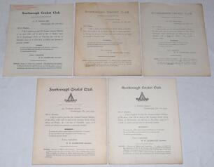 ‘Scarborough Cricket Club Annual Report’. Five official four page printed reports for Annual General Meetings held in 1903, 1909, 1913, 1915 and 1918. Odd folds and nicks to edges, otherwise in good/very good condition.