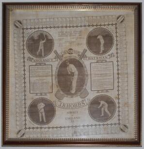 ‘England’s Champion Batsman. J.B. Hobbs. Surrey & England XI’ 1922. Large linen handkerchief with printed headings and five images of Hobbs in various batting poses plus total runs and average in first class cricket up to 1922. Listed to outer border are 