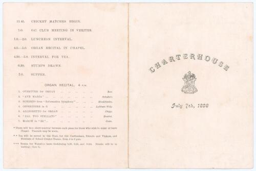 Charterhouse School 1898. Official folding scorecard/ programme for ‘Old v Present Carthusians’ 7th July 1898. Thirteen players per side are listed, notable names who played first-class cricket include F.L. Fane (Essex, Oxford University & England 1895-19