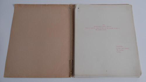 ‘The Scarborough Cricket Festival. Being an account, year by year of the matches played on the Marine Ground’. Written by W.S. Conder of Kew Gardens, Surrey. Original 92 page typescript on the festival concluding with the 1959 T.N. Pearce’s XI match again