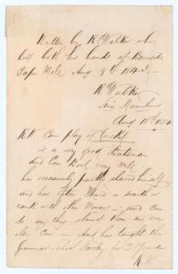 R. Walker. Cricketer with no hands. An unusual single page letter, neatly handwritten in ink. ‘Written by Rd [Richard] Walker who lost both his hands at Burneside Paper Mill [Kendal] Aug 9th 1843. Signed ‘Rd. Walker, Sine Manibus [without hands]’. He cont