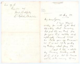 W. Methven Brownlee. Biographer of W.G. Grace. Original three page letter handwritten in ink to ‘My Dear Green’, dated 15th August 1892 on ‘The Century Club, Bristol’ letterhead. Brownlee writes to say he cannot accept an invitation to meet and describes 