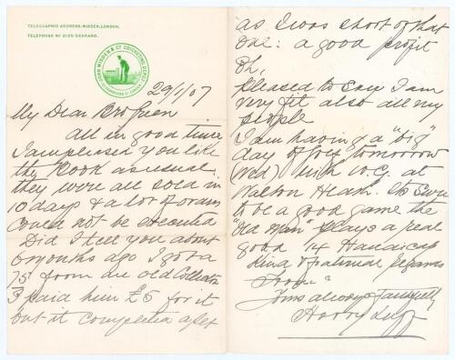 Henry (Harry) Luff. Two page original handwritten letter in ink from Luff to Charles Pratt Green, dated 29th January 1907. Written on official ‘John Wisden & Co.’ letterhead with attractive green circular emblem, Luff is pleased Green likes ‘the book [pre